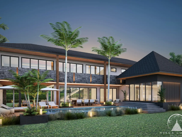 Villa Suksan, showcasing its modern architecture, spacious sundeck, and lush tropical surroundings.