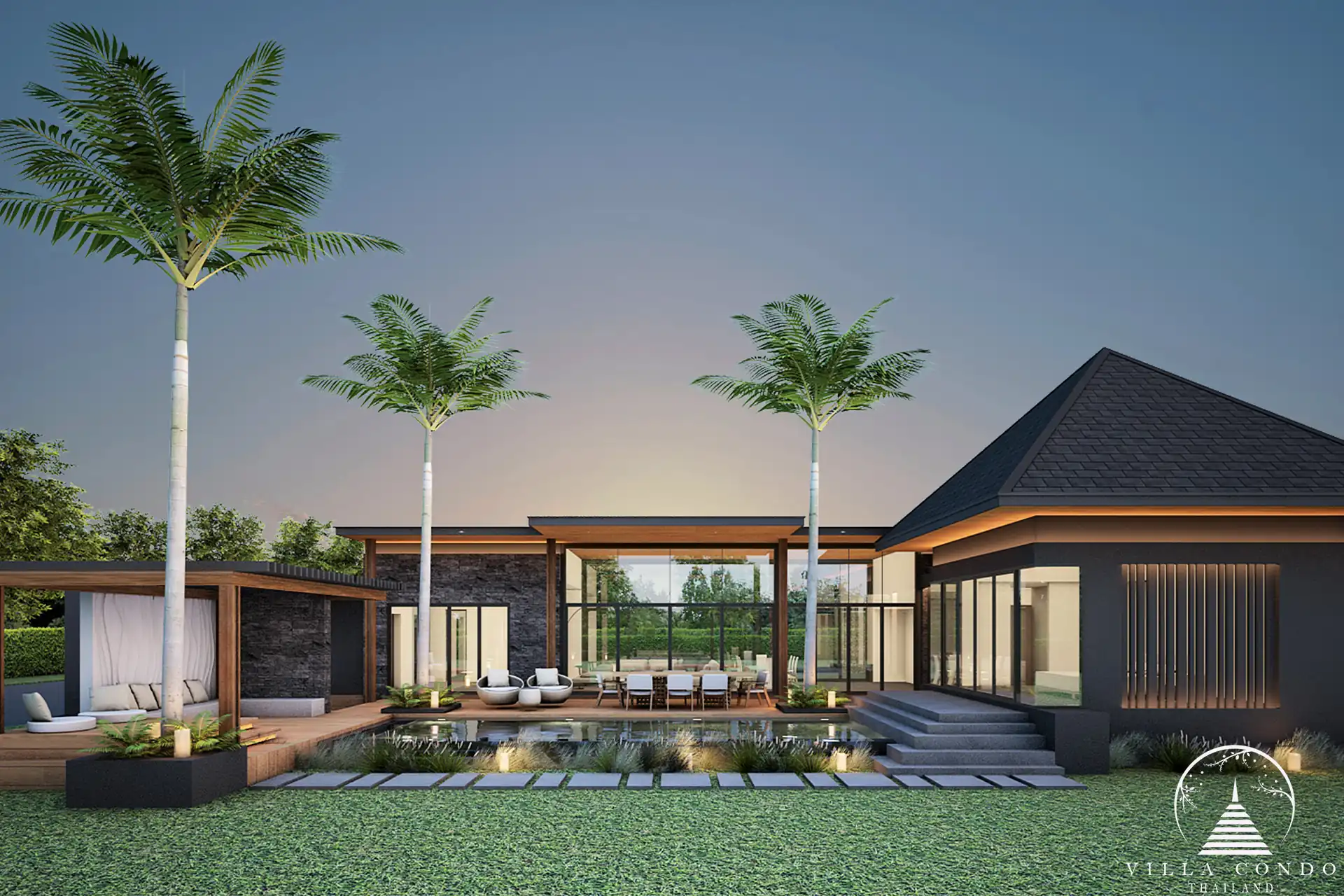 Villa Suksan, showcasing its modern architecture, spacious sundeck, and lush tropical surroundings.