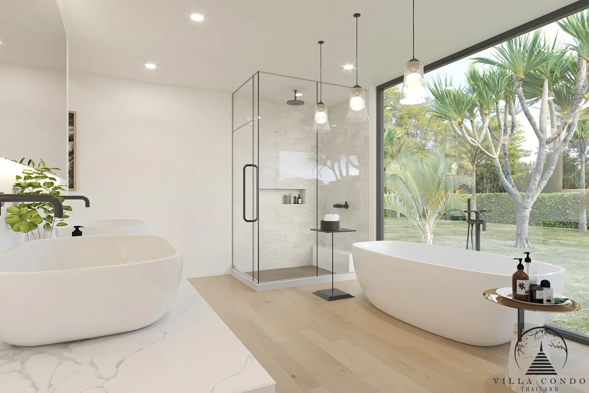 Villa Suksan, showcasing its modern architecture, spacious sundeck, and lush tropical surroundings.