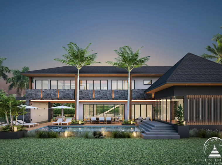 Villa Suksan, showcasing its modern architecture, spacious sundeck, and lush tropical surroundings.