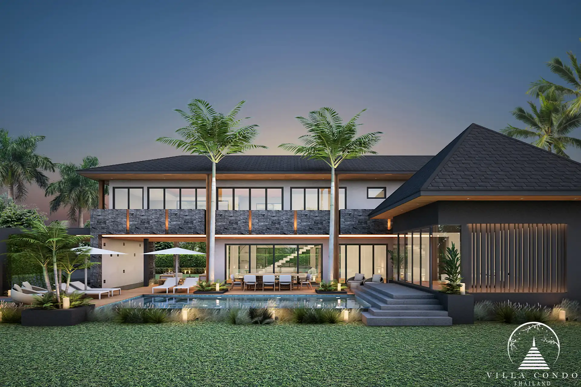 Villa Suksan, showcasing its modern architecture, spacious sundeck, and lush tropical surroundings.