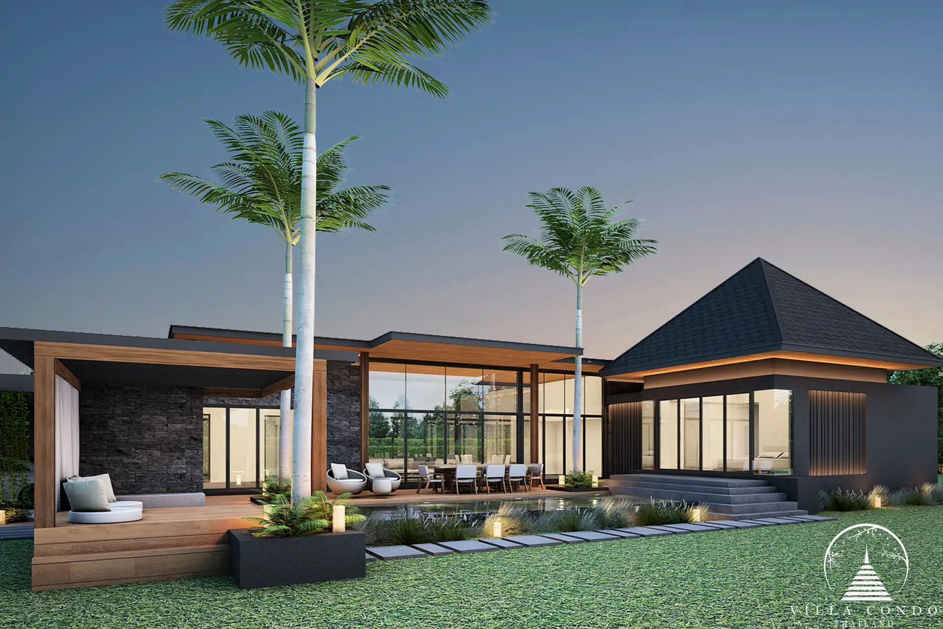 Villa Suksan, showcasing its modern architecture, spacious sundeck, and lush tropical surroundings.