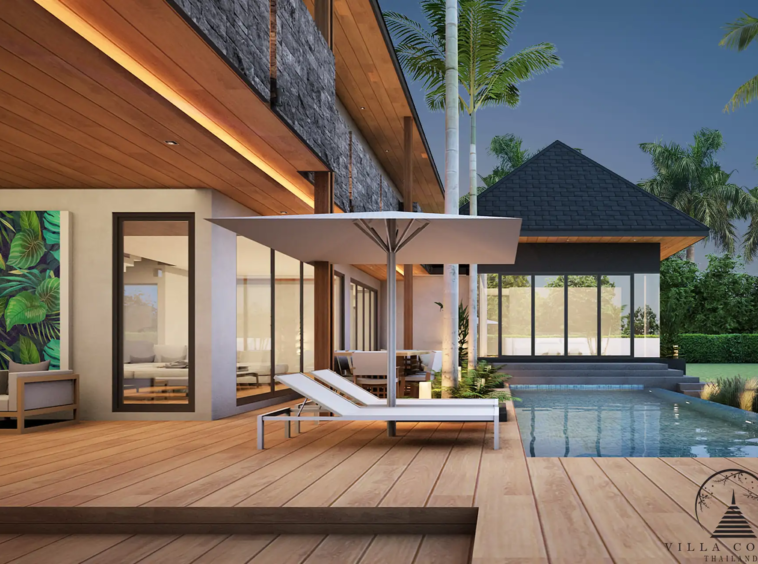 Villa Suksan, showcasing its modern architecture, spacious sundeck, and lush tropical surroundings.