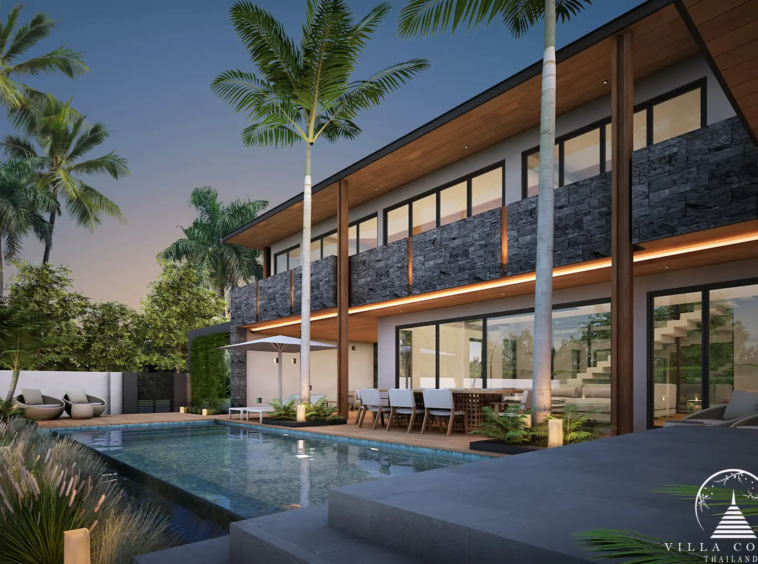 Villa Suksan, showcasing its modern architecture, spacious sundeck, and lush tropical surroundings.