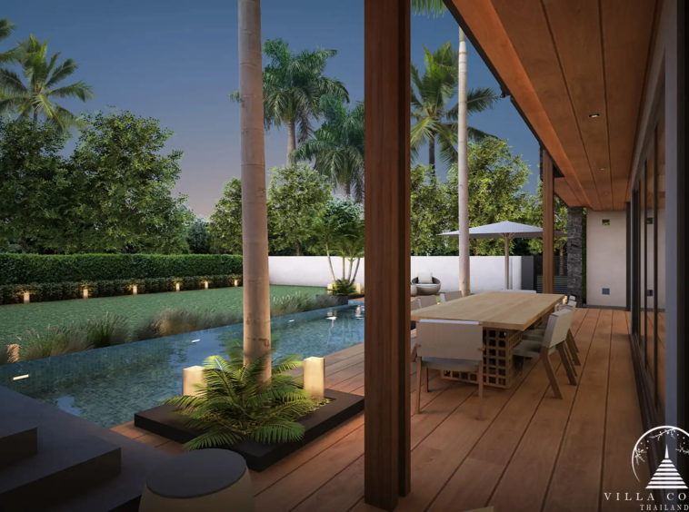 Villa Suksan, showcasing its modern architecture, spacious sundeck, and lush tropical surroundings.