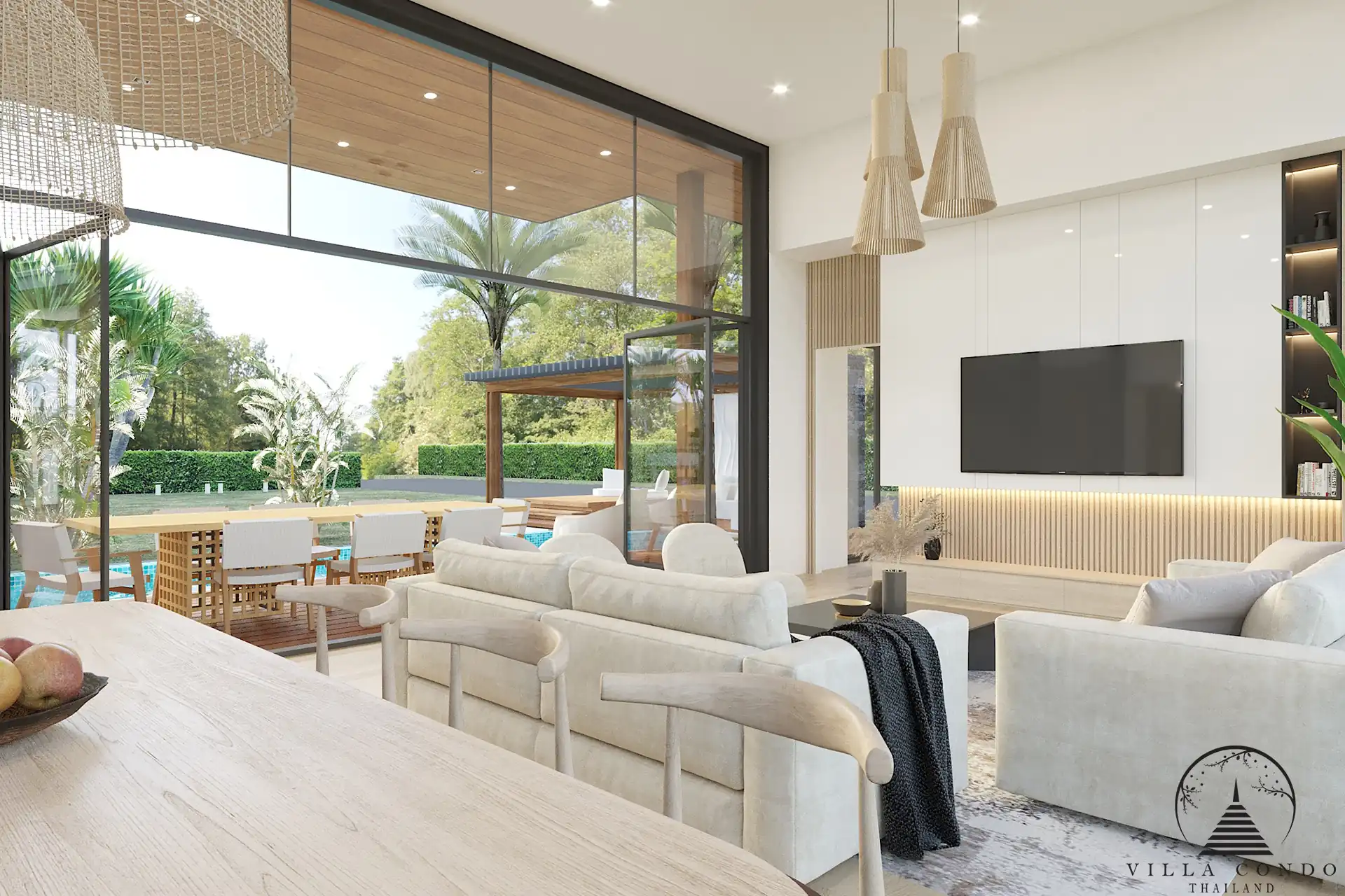 Villa Suksan, showcasing its modern architecture, spacious sundeck, and lush tropical surroundings.