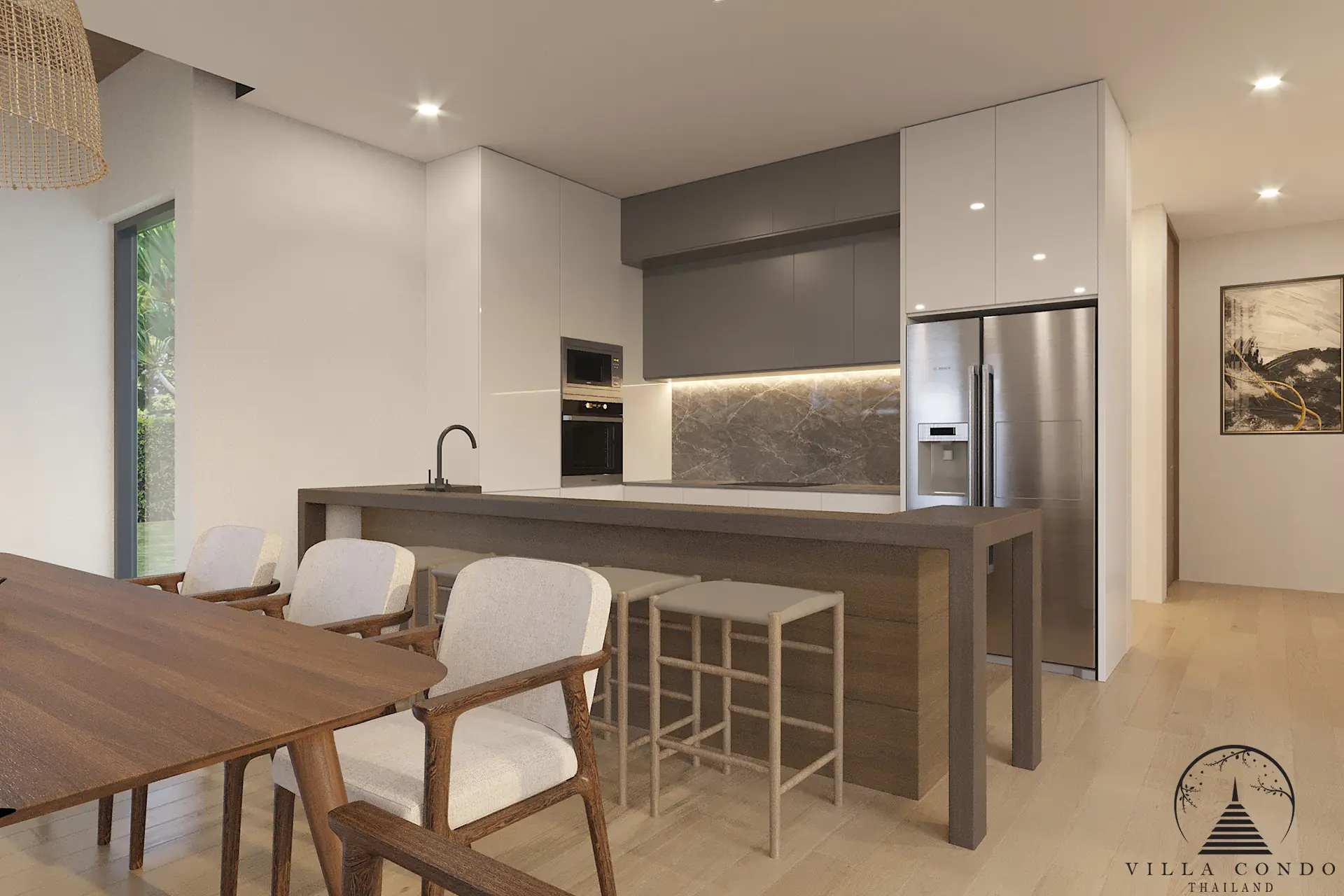 Villa Suksan, showcasing its modern architecture, spacious sundeck, and lush tropical surroundings.