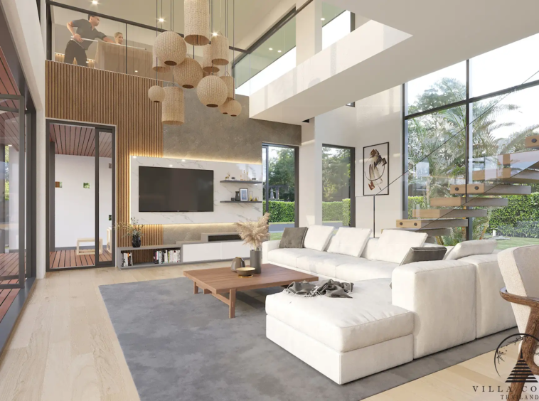 Villa Suksan, showcasing its modern architecture, spacious sundeck, and lush tropical surroundings.