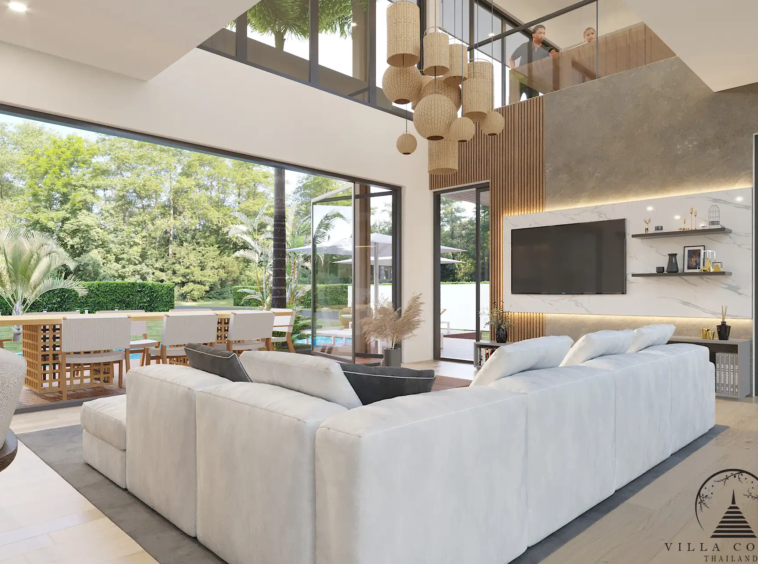 Villa Suksan, showcasing its modern architecture, spacious sundeck, and lush tropical surroundings.