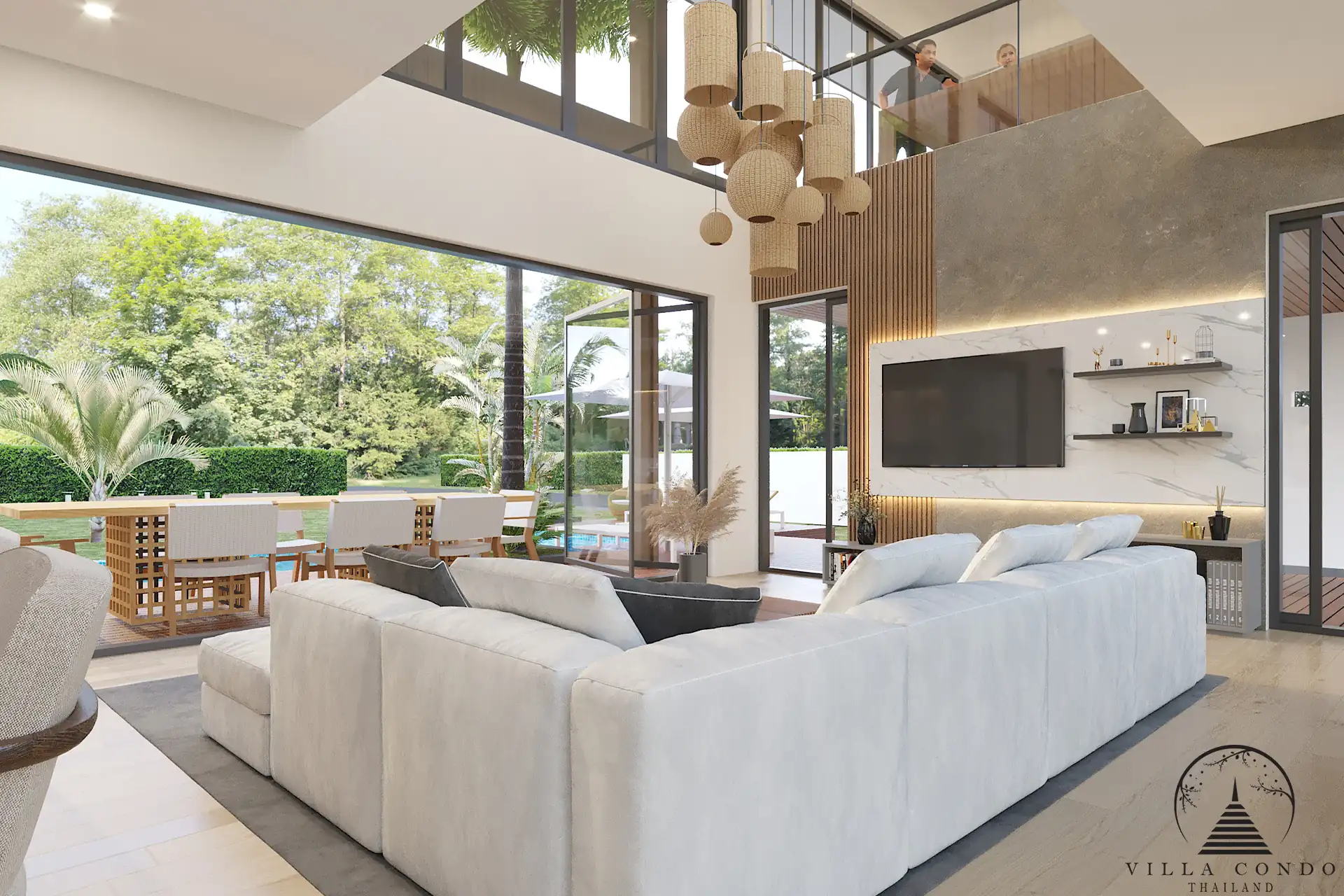 Villa Suksan, showcasing its modern architecture, spacious sundeck, and lush tropical surroundings.