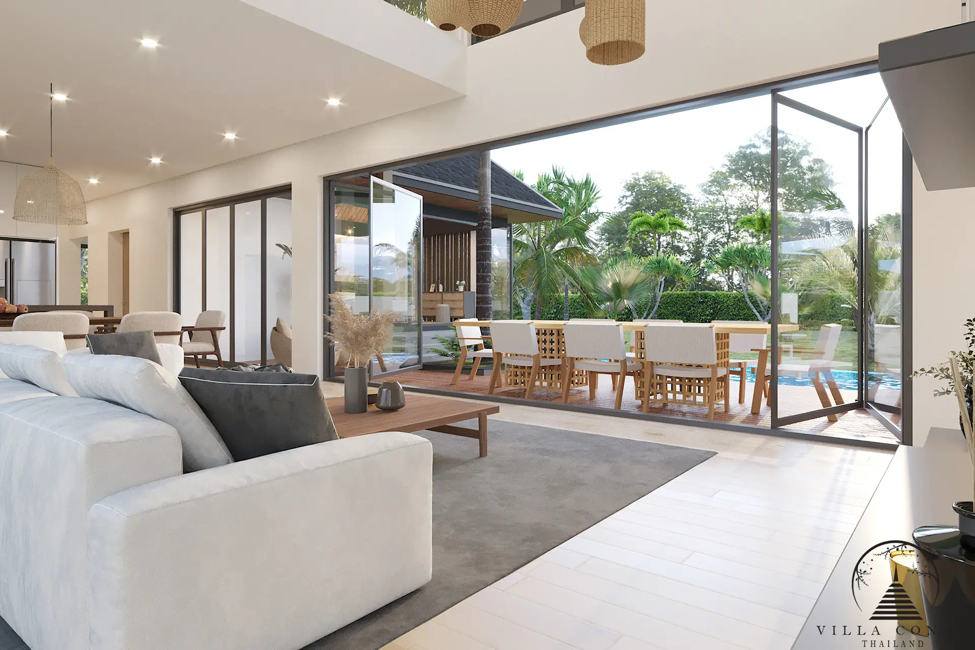 Villa Suksan, showcasing its modern architecture, spacious sundeck, and lush tropical surroundings.