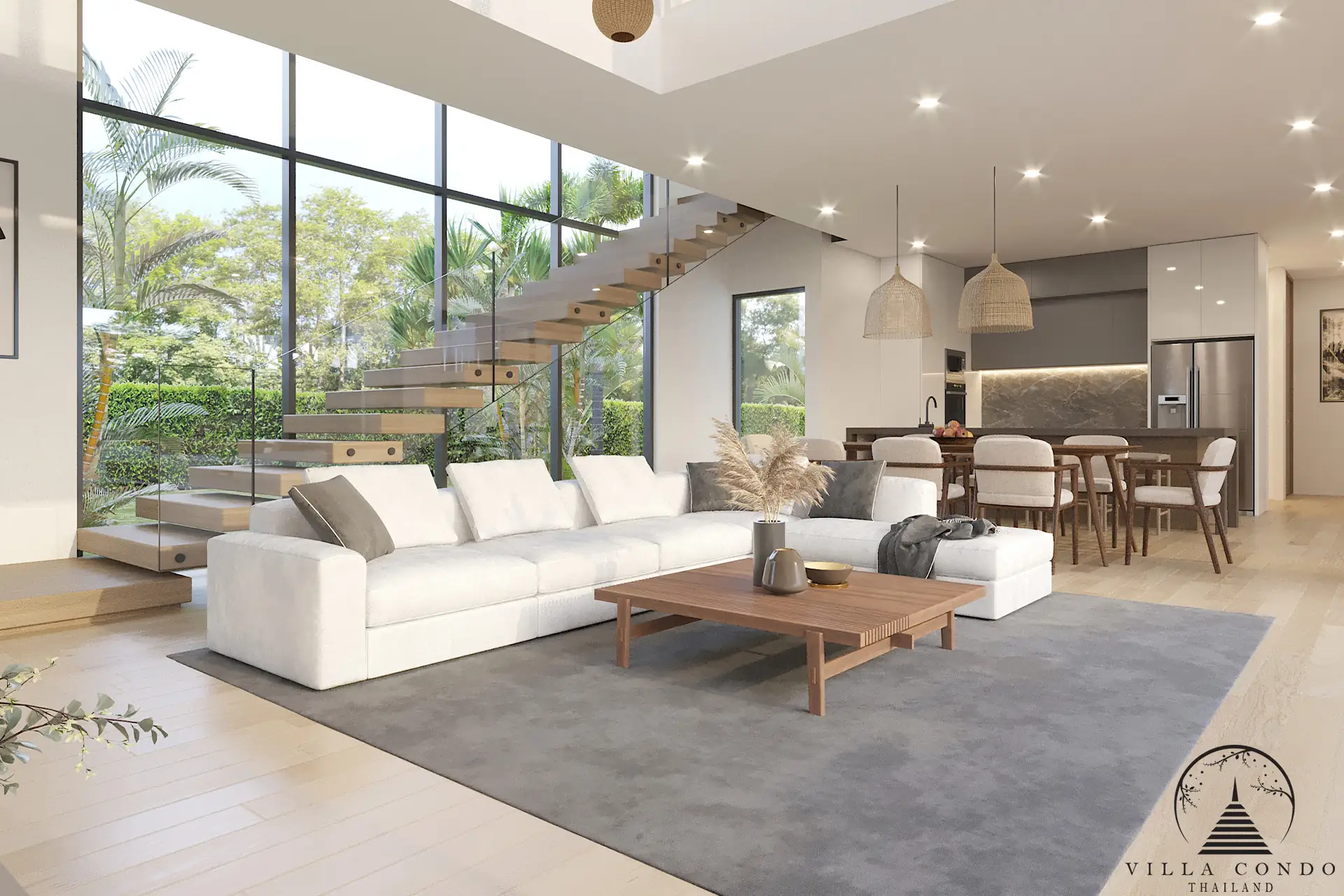 Villa Suksan, showcasing its modern architecture, spacious sundeck, and lush tropical surroundings.