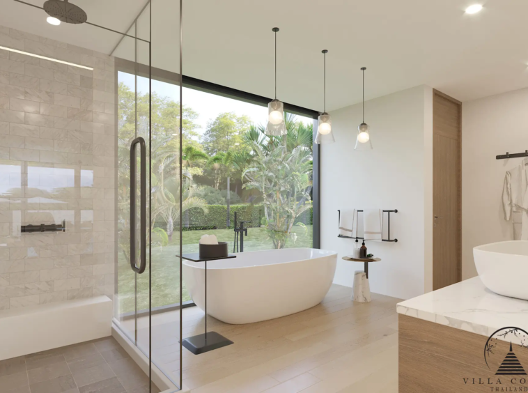 Villa Suksan, showcasing its modern architecture, spacious sundeck, and lush tropical surroundings.