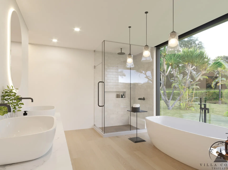 Villa Suksan, showcasing its modern architecture, spacious sundeck, and lush tropical surroundings.