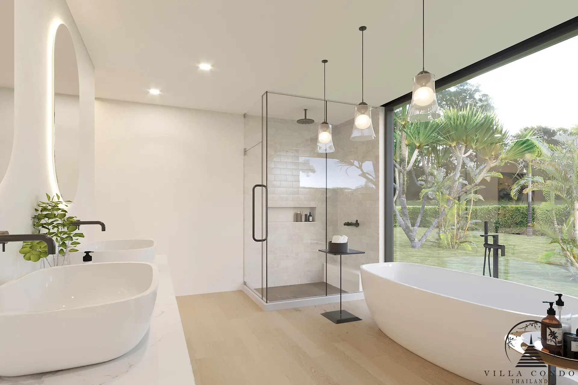 Villa Suksan, showcasing its modern architecture, spacious sundeck, and lush tropical surroundings.