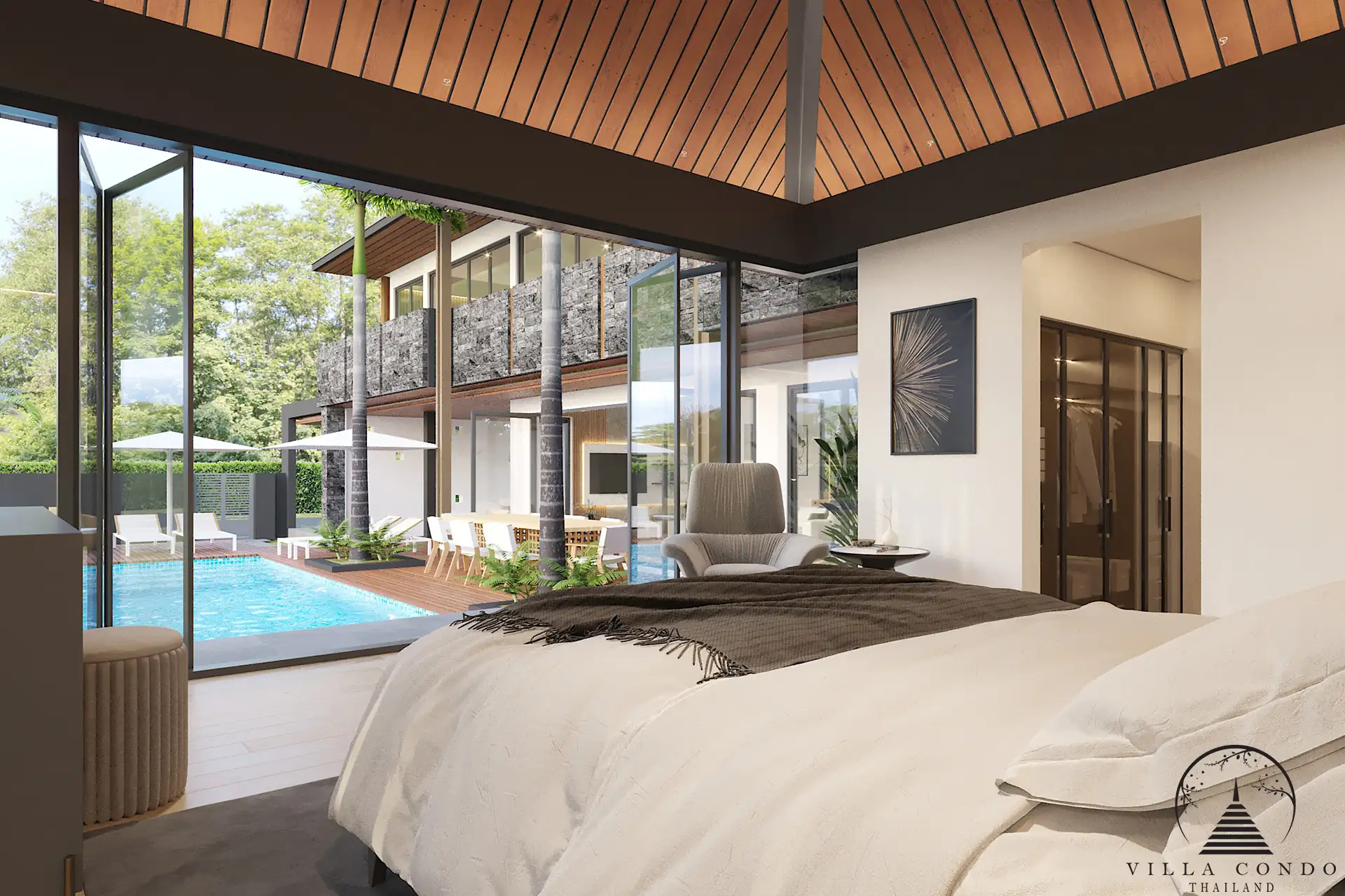 Villa Suksan, showcasing its modern architecture, spacious sundeck, and lush tropical surroundings.
