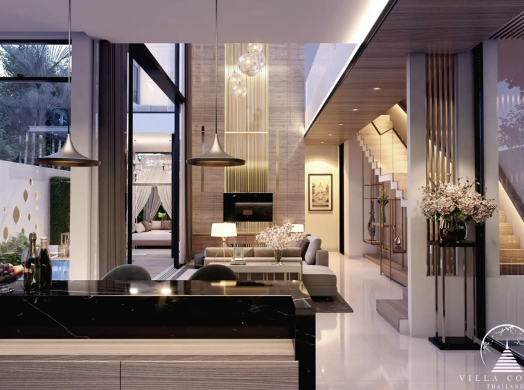 Spacious living room with high ceilings and modern furnishings.