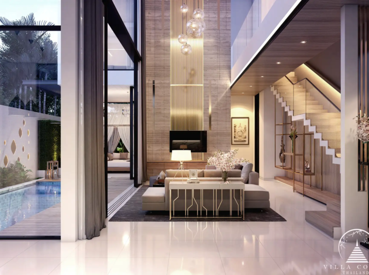Cozy living area with a sofa and pool view.