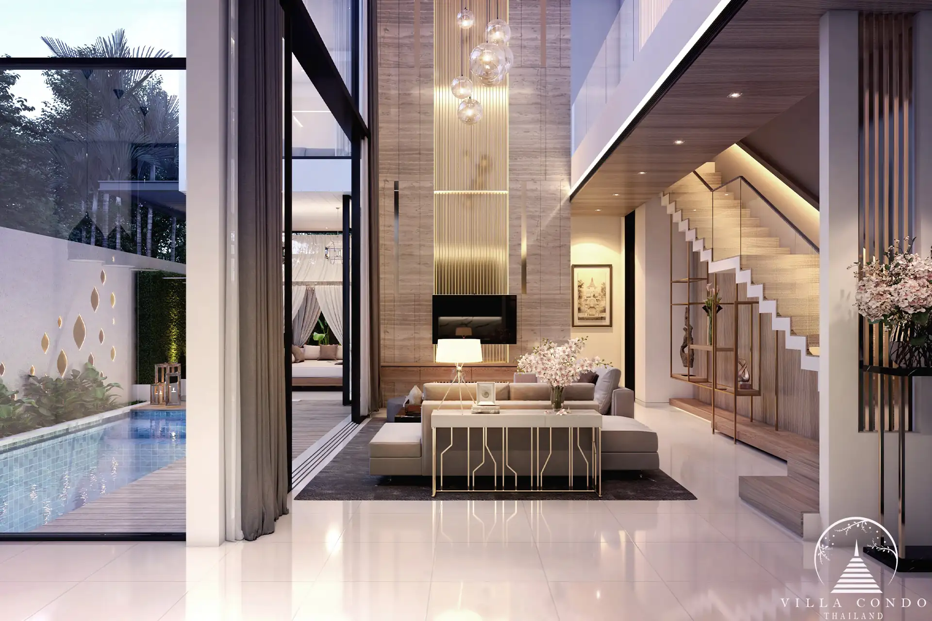Cozy living area with a sofa and pool view.