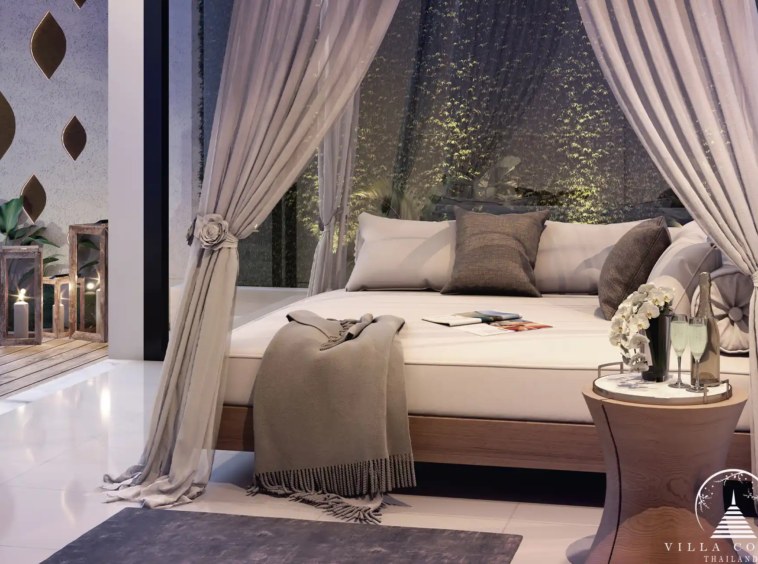 Luxurious bedroom with a large bed and pool view.