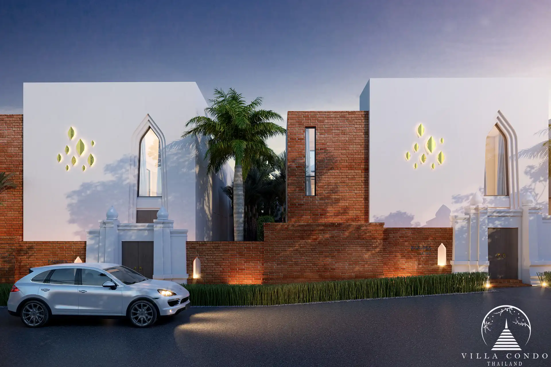 Front view of Panora Pool Villa with lush gardens.