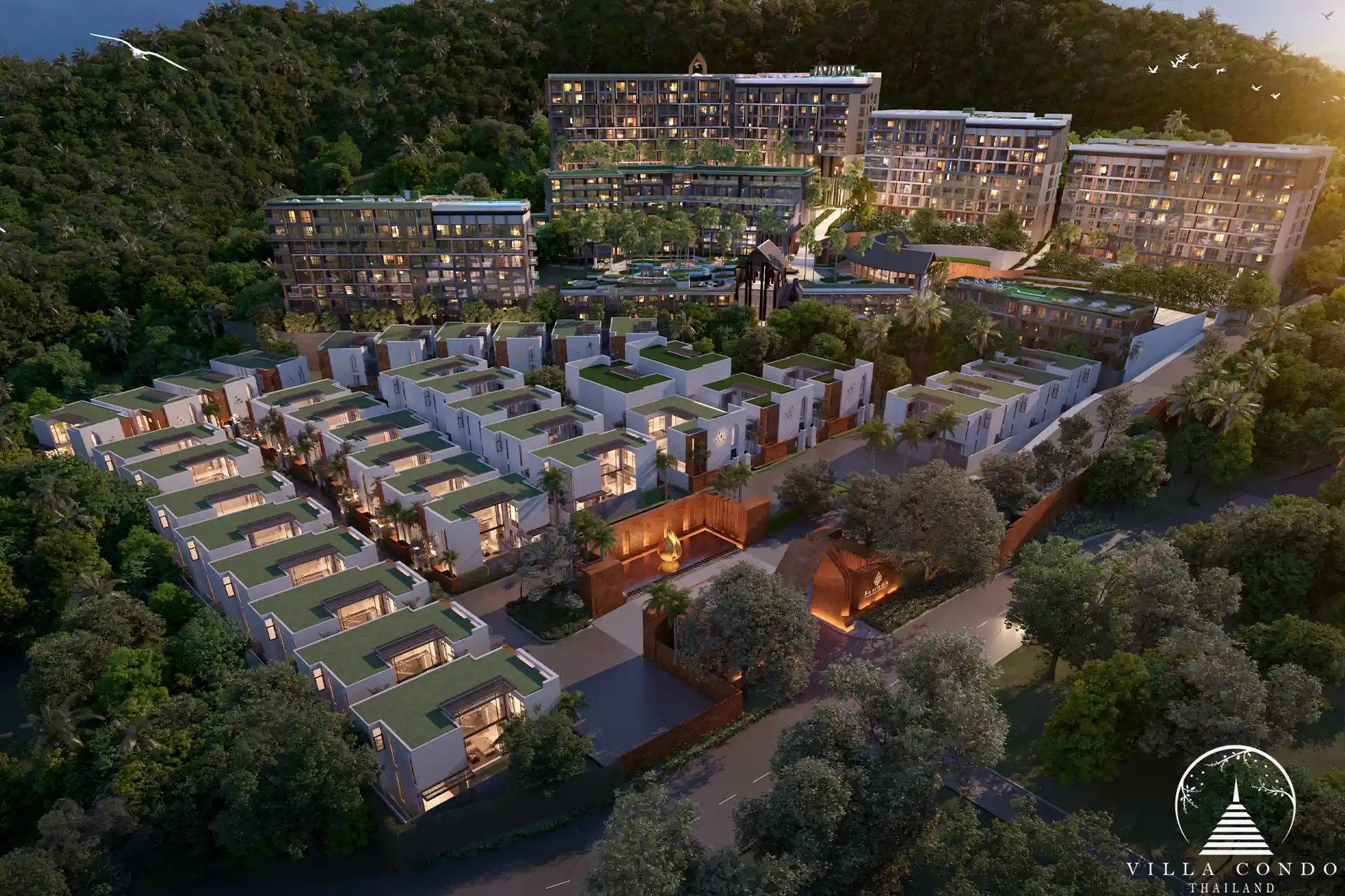 Bird's eye view of the Panora Pool Villas complex.