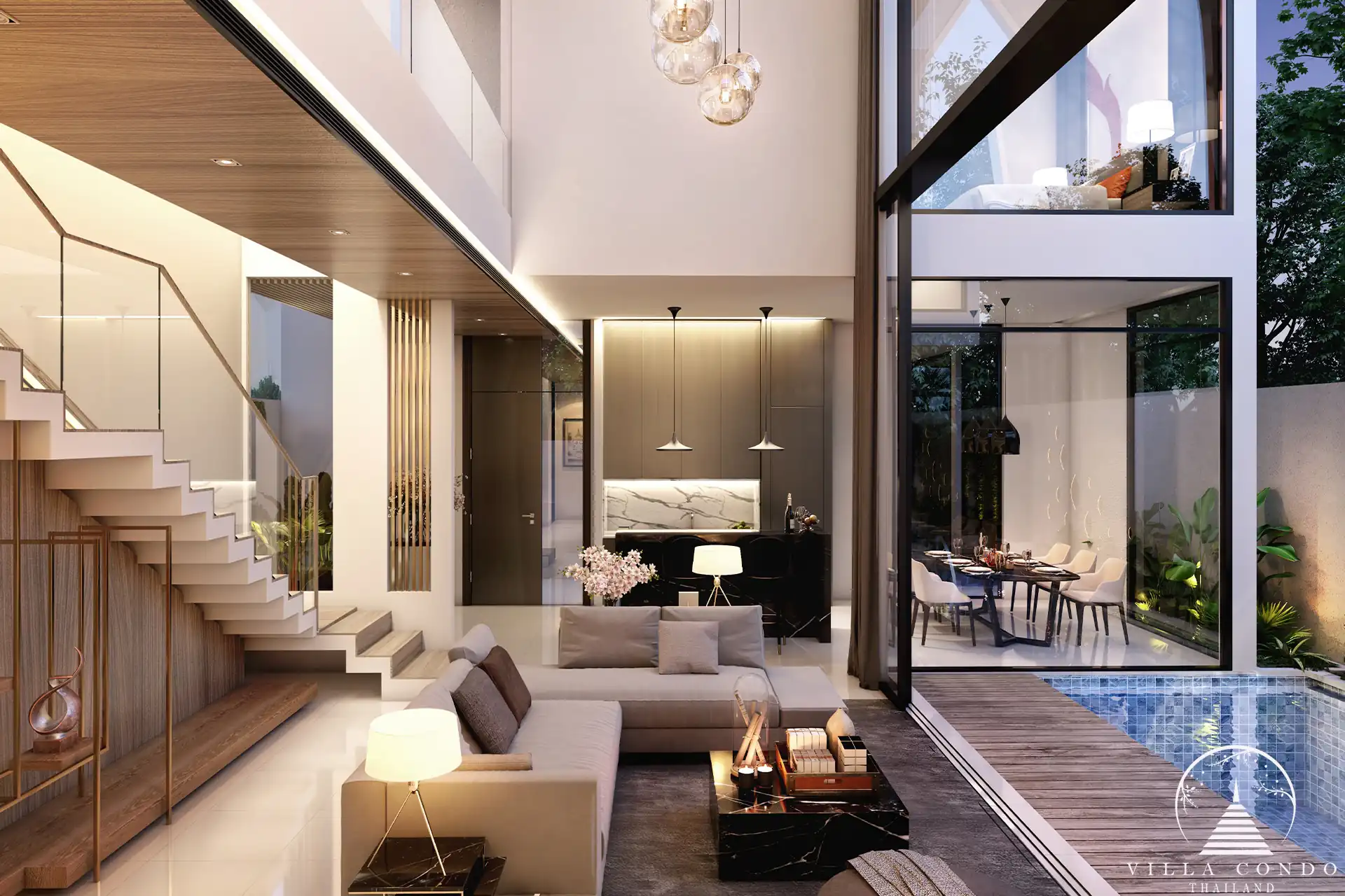 Spacious living room with high ceilings and modern furnishings.