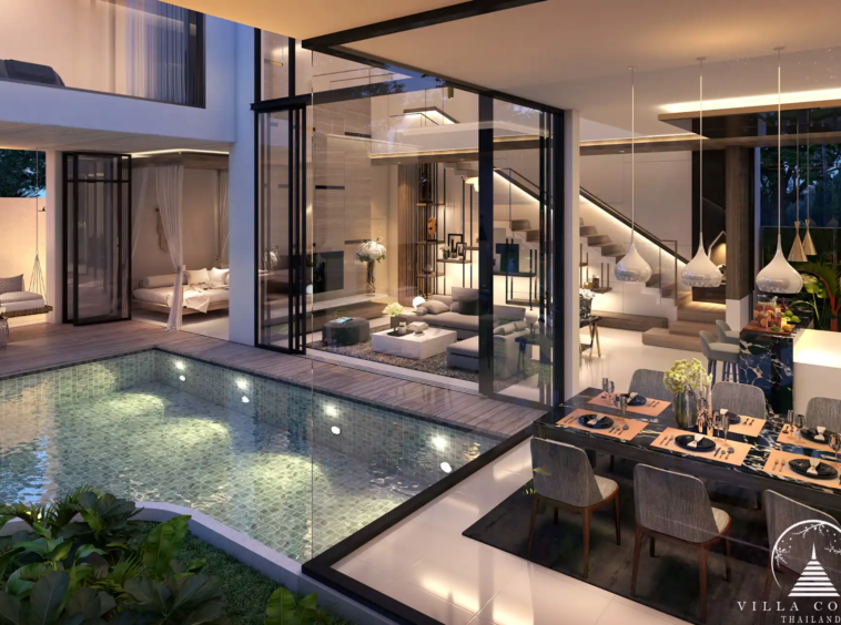 Private swimming pool surrounded by lush greenery.