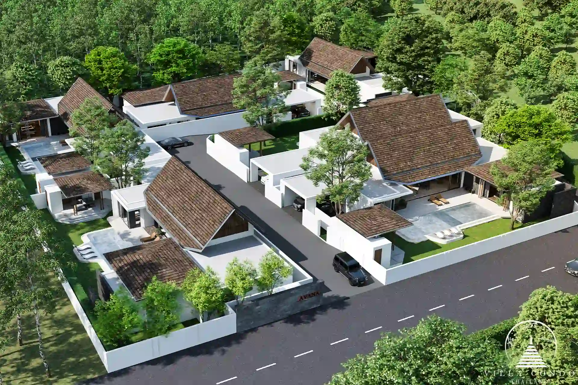 The grand entrance of Avana Luxury Villa with traditional Thai elements.