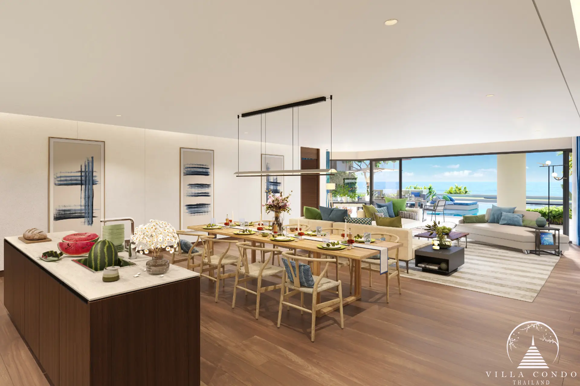 Dining area with sea views in Banyan Tree Seaview Residences.