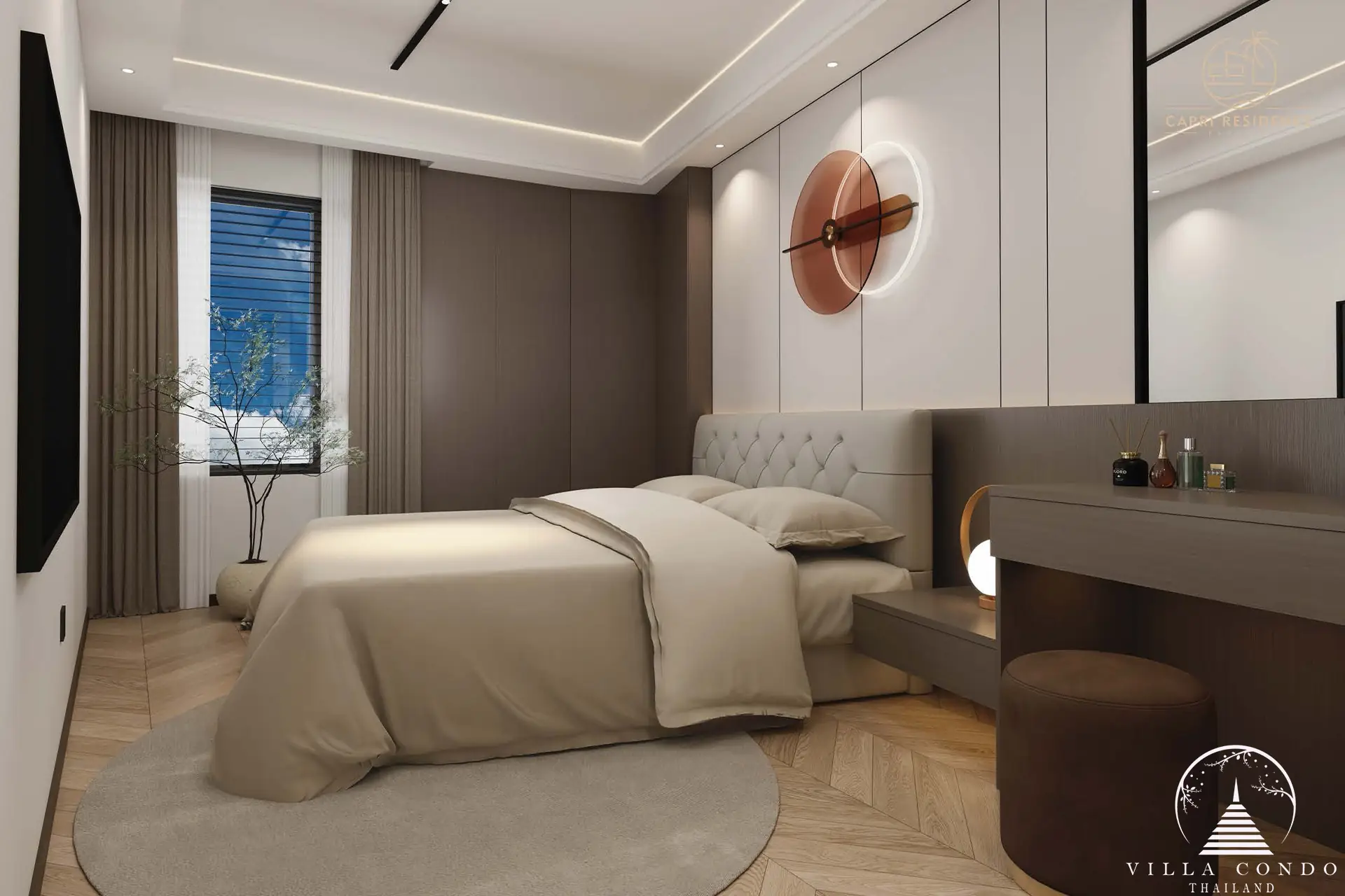 Spacious bedroom at Capri Residence Bangtao with elegant decor.