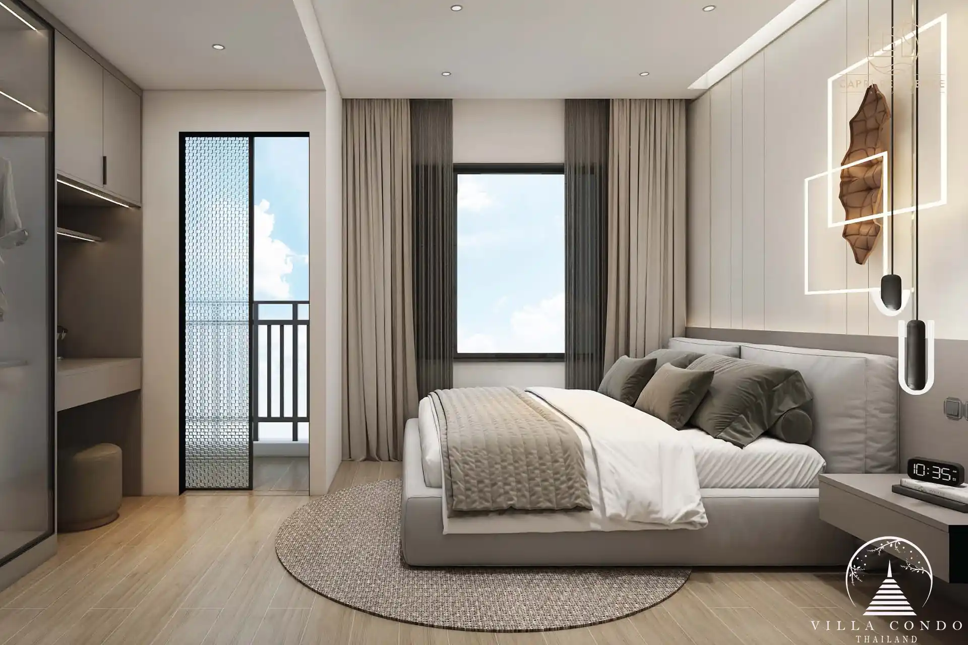 Spacious bedroom at Capri Residence Bangtao with elegant decor.