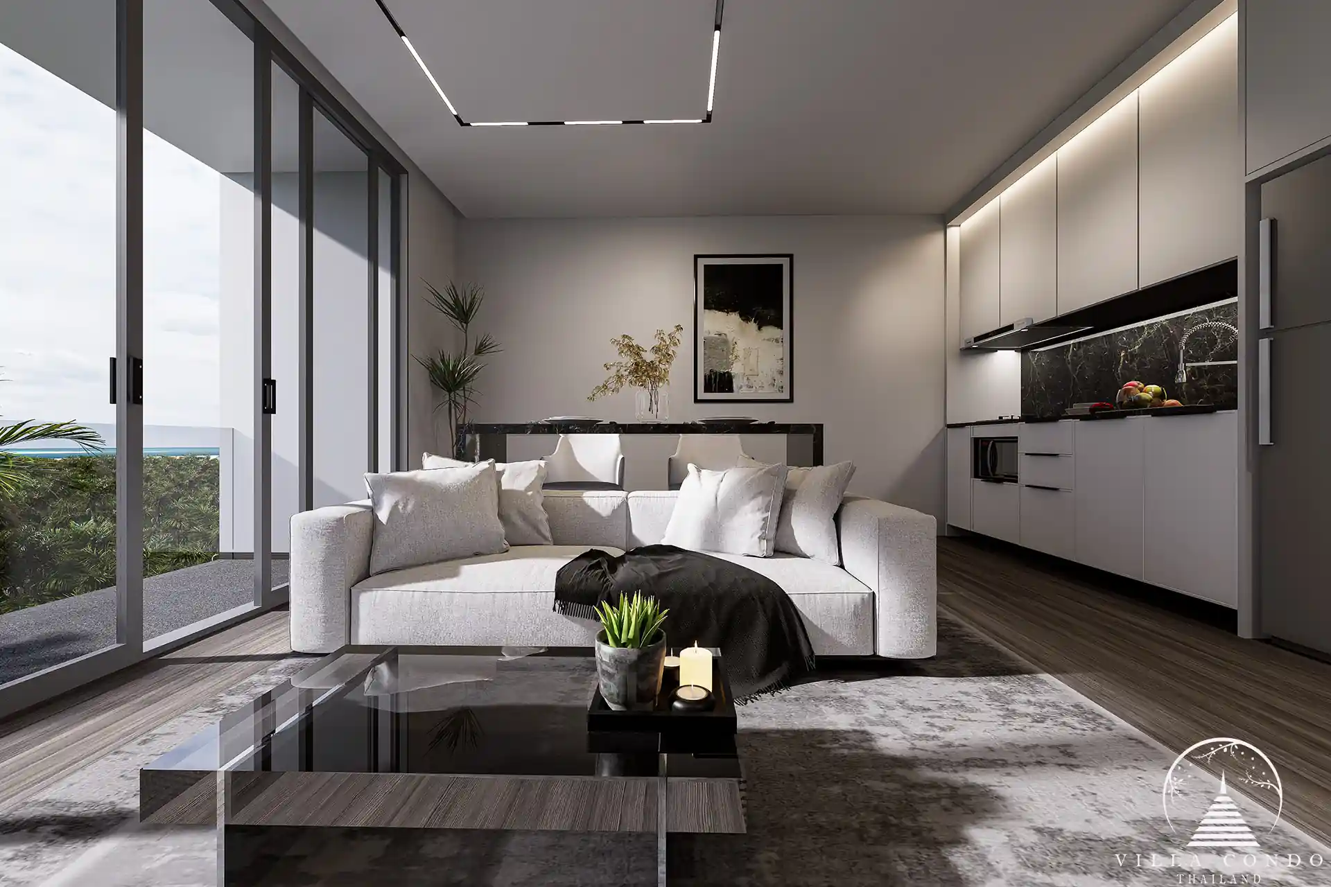 The spacious living area in Enigma Residence with panoramic views.