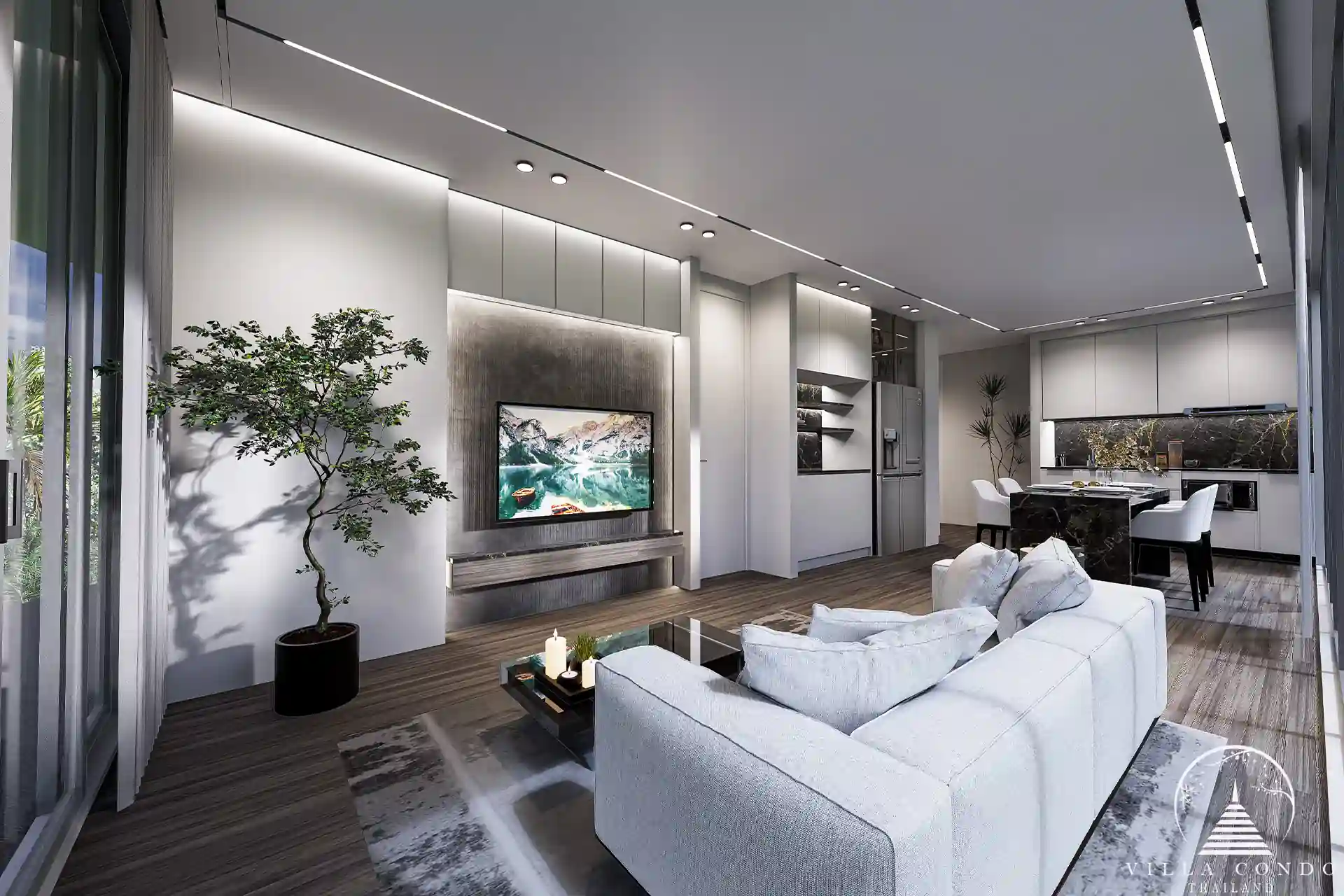 Spacious interior of Enigma Residence with modern decor.