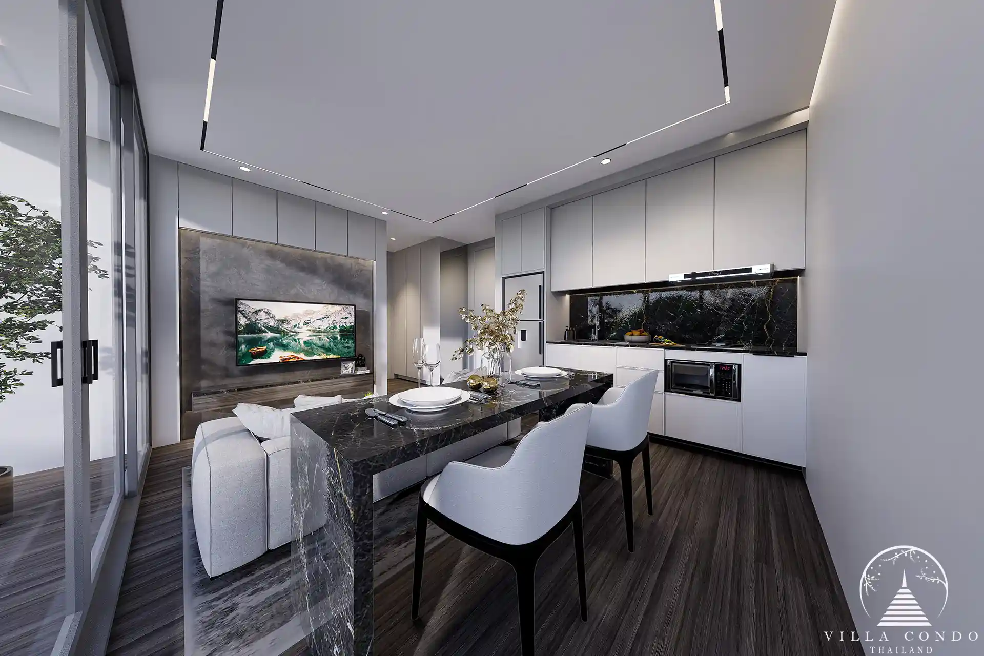The elegant dining area in Enigma Residence with modern decor.