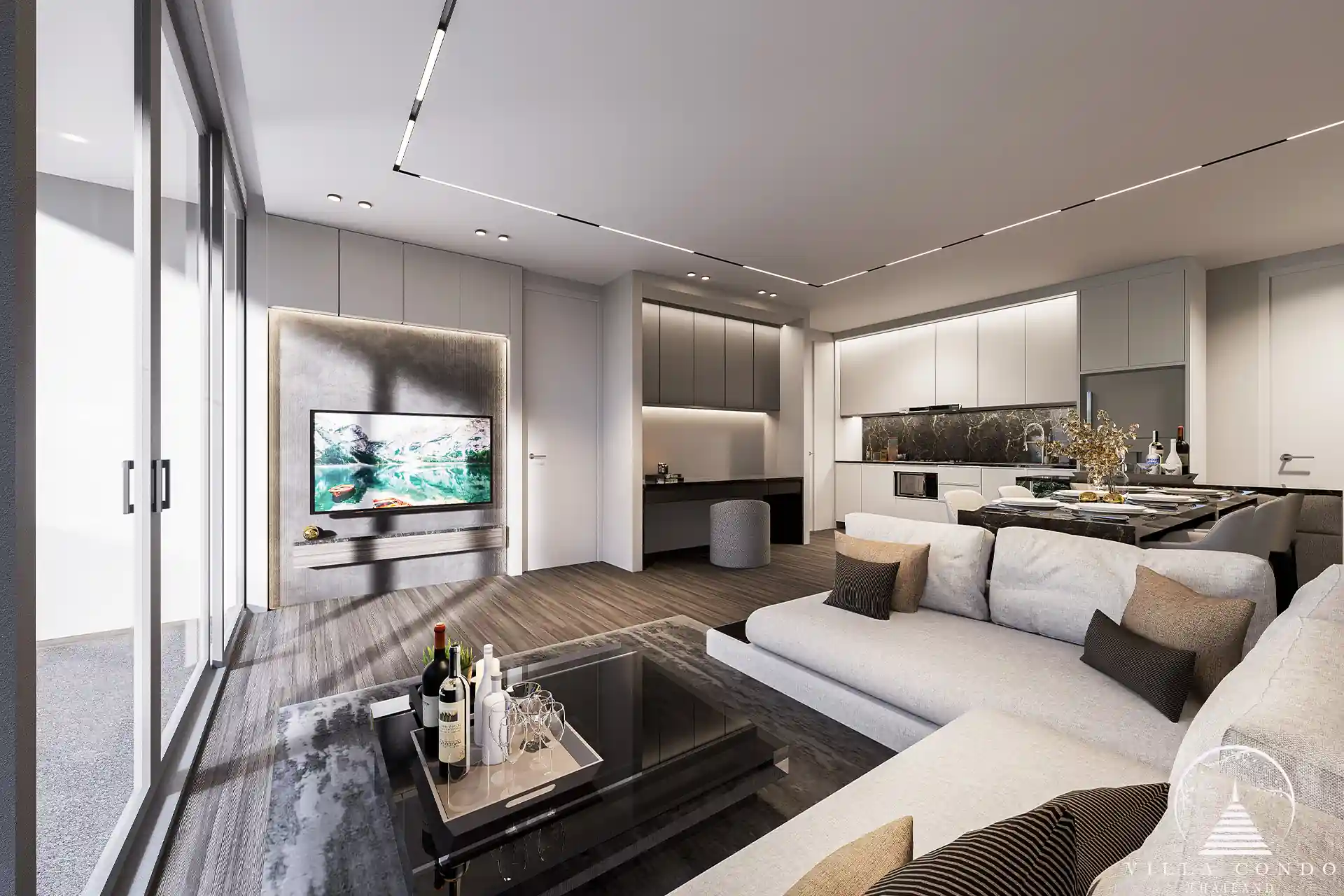 The spacious living area in Enigma Residence with panoramic views.