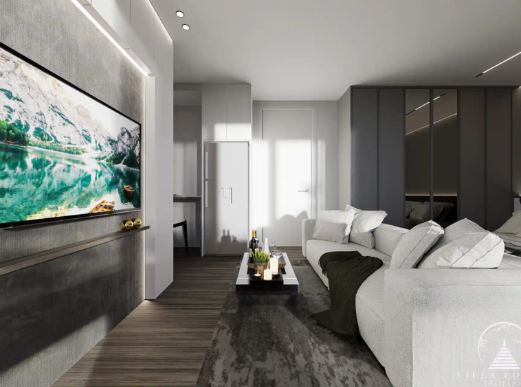The spacious living area in Enigma Residence with panoramic views.