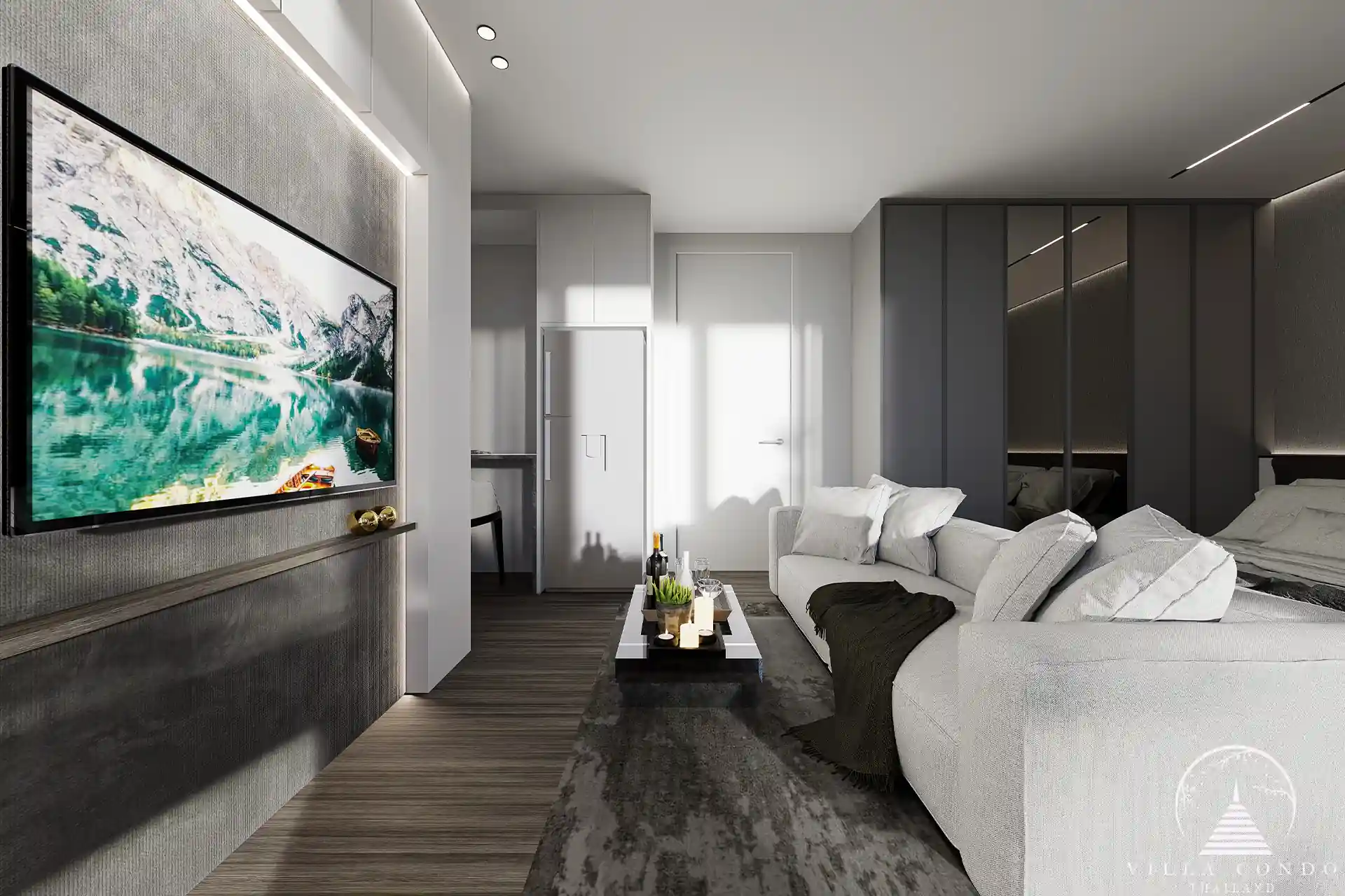 The spacious living area in Enigma Residence with panoramic views.