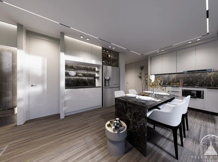 The modern kitchen in Enigma Residence with state-of-the-art appliances.