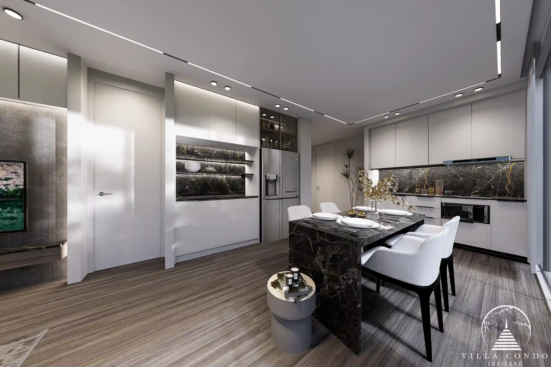 The modern kitchen in Enigma Residence with state-of-the-art appliances.