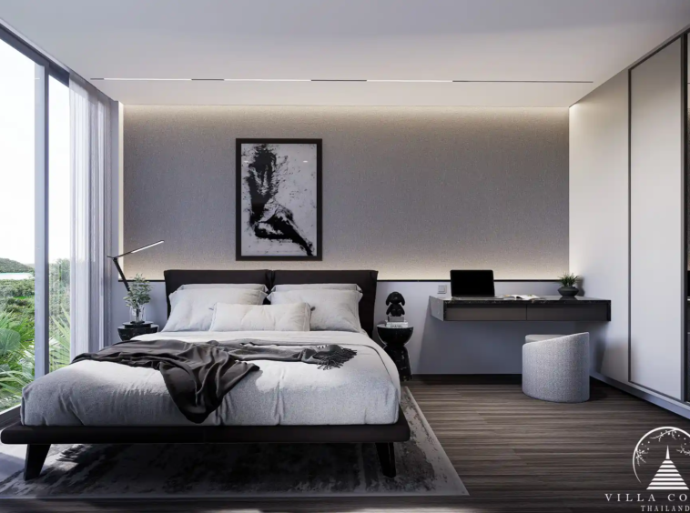 The master bedroom in Enigma Residence with a view of the sea.