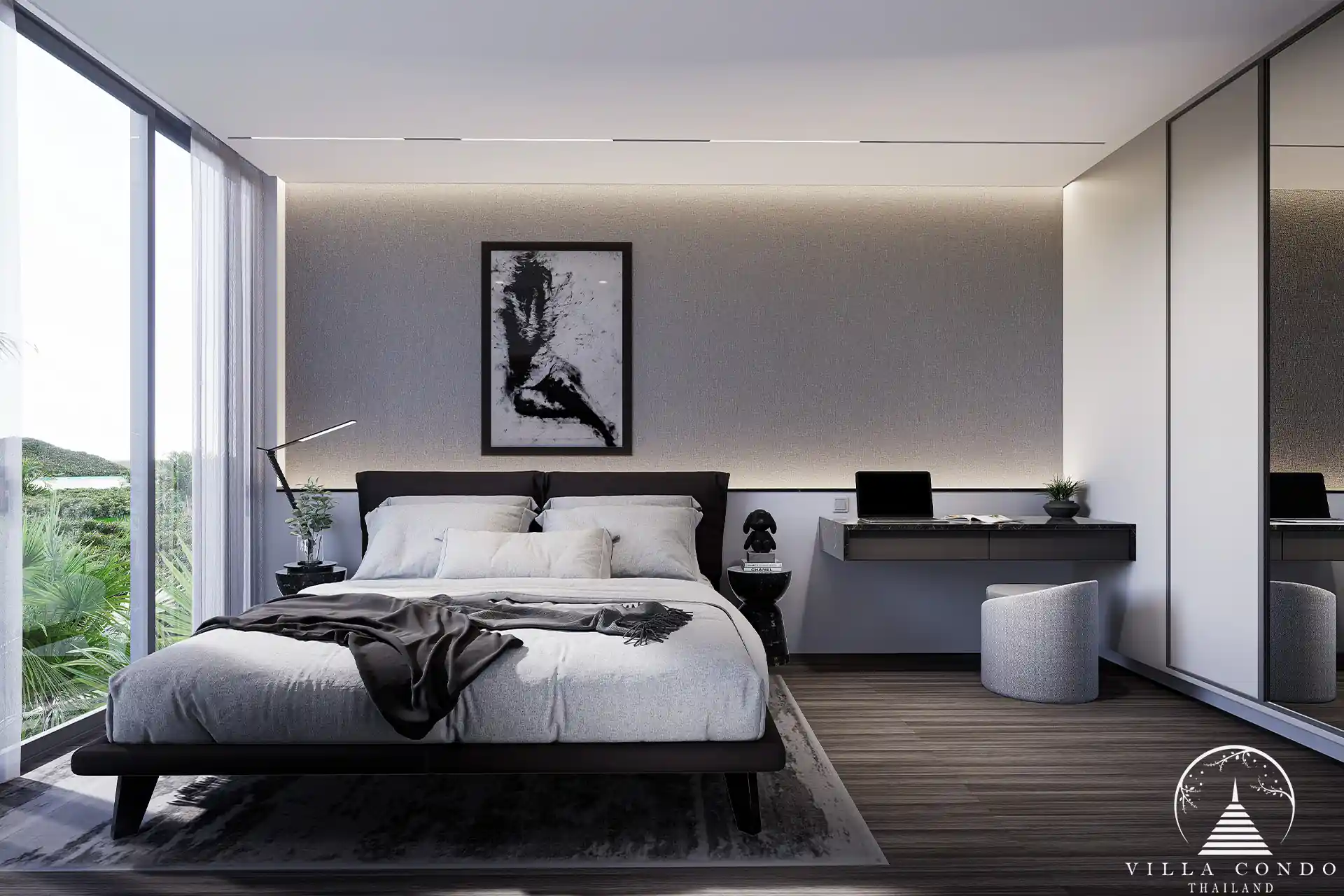 The master bedroom in Enigma Residence with a view of the sea.