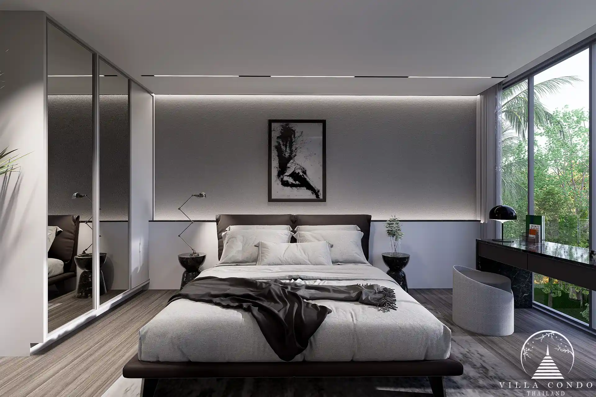 A luxurious bedroom in Enigma Residence with modern furnishings.