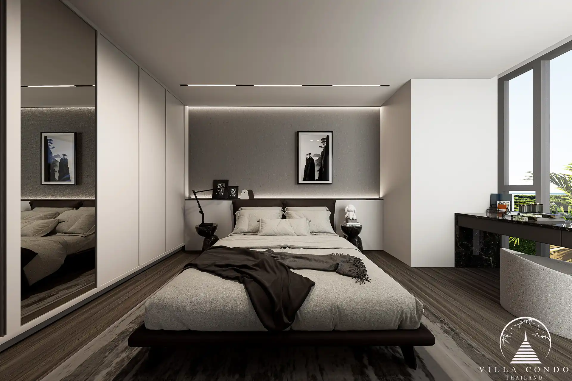 A luxurious bedroom in Enigma Residence with modern furnishings.