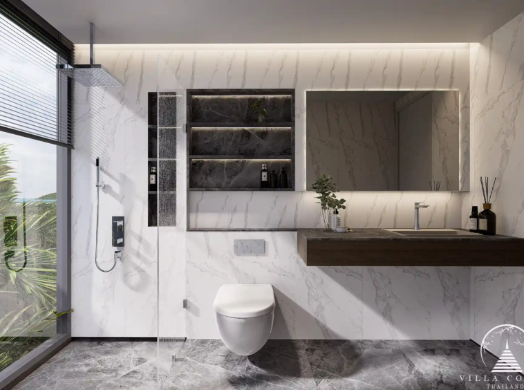 Modern bathroom in Enigma Residence with high-end fixtures.