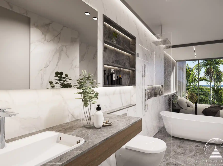The elegant master bathroom in Enigma Residence with modern fixtures.