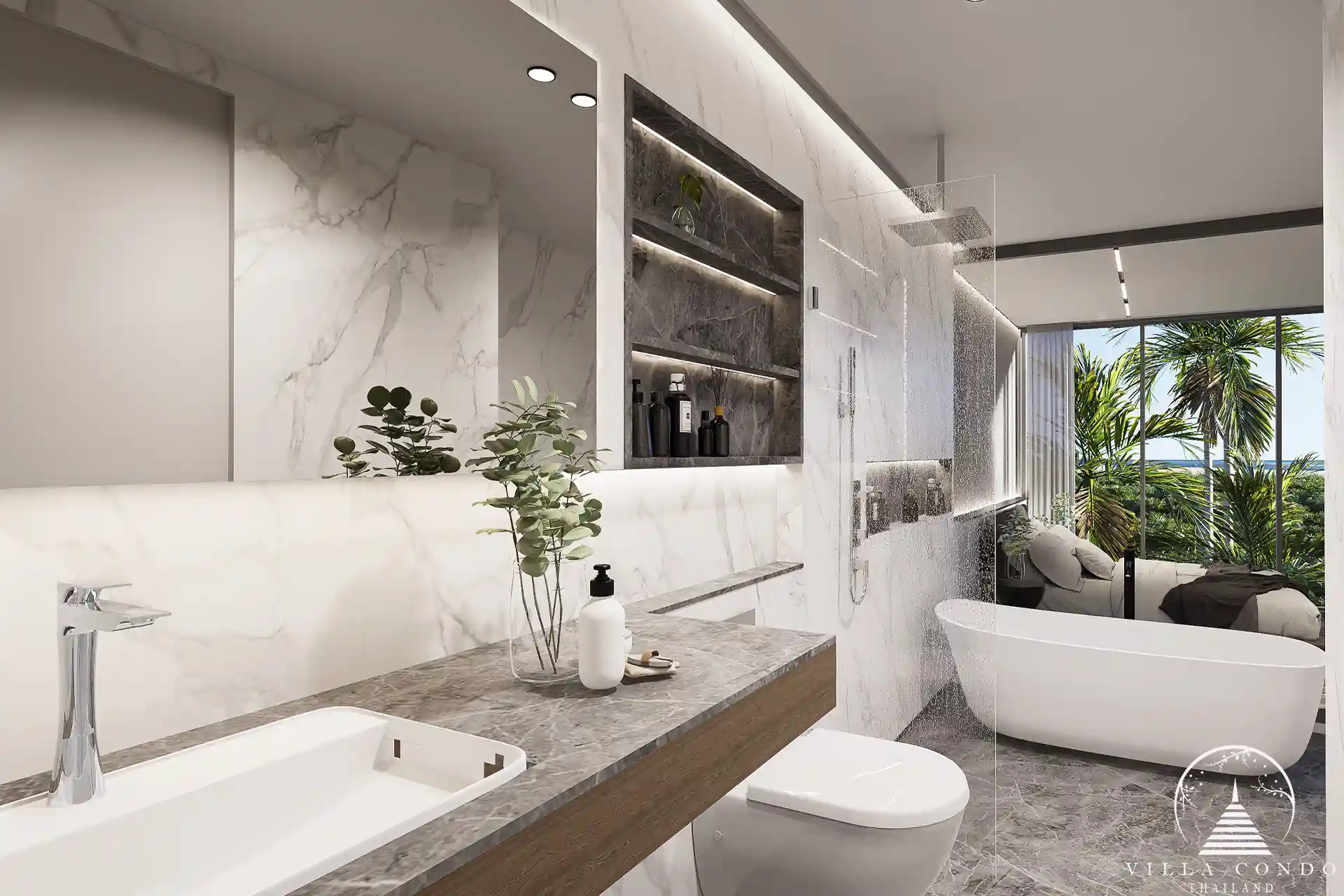 The elegant master bathroom in Enigma Residence with modern fixtures.