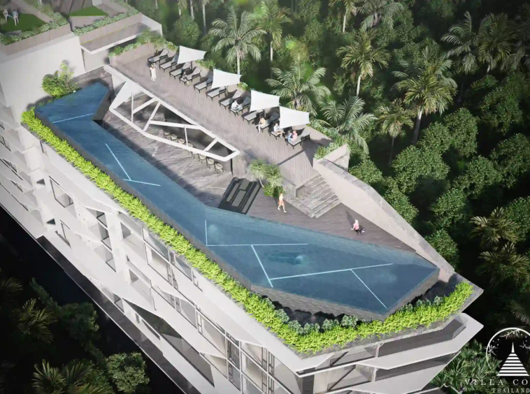 The rooftop infinity pool at Enigma Residence with panoramic sea views.