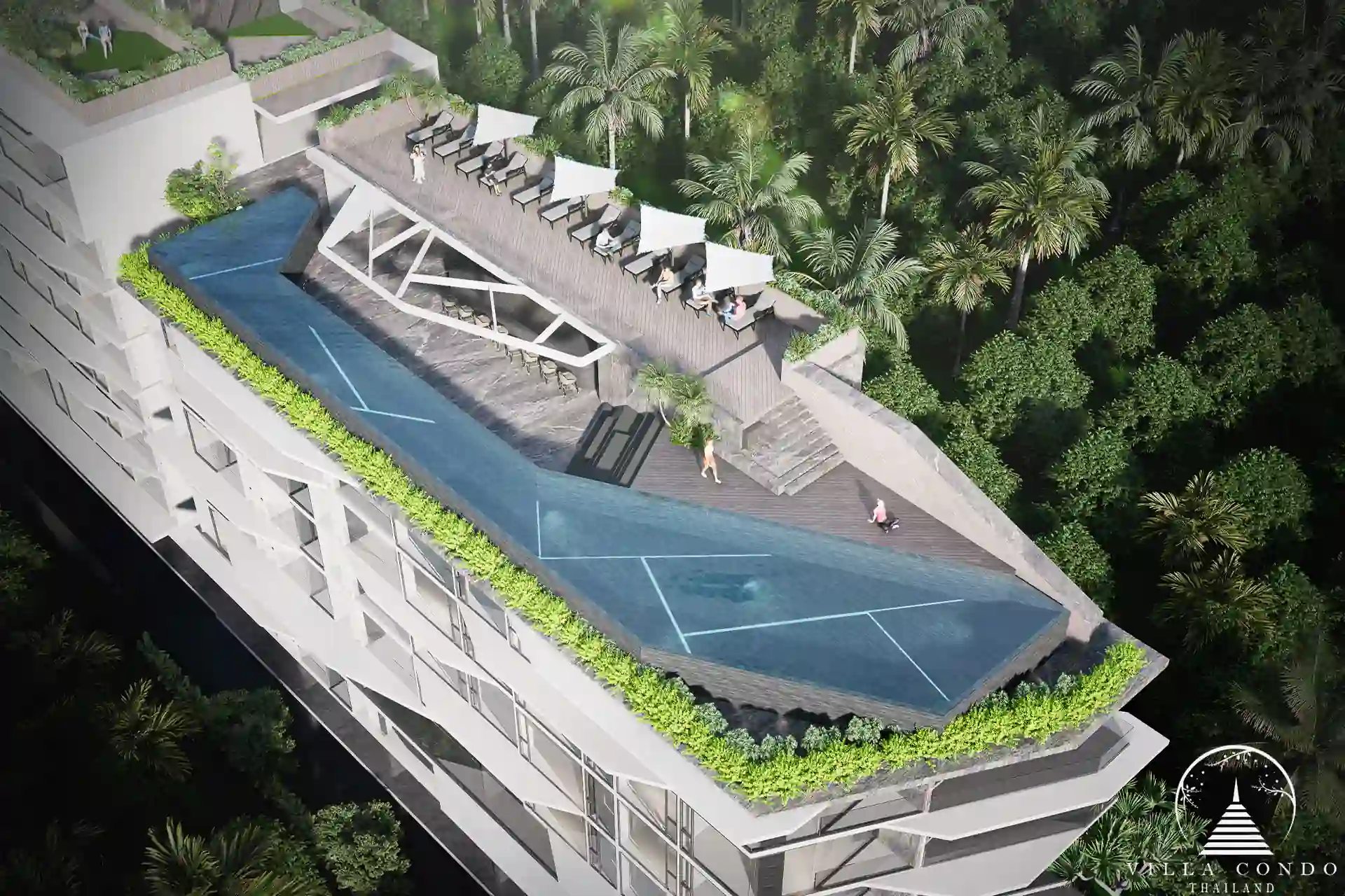 The rooftop infinity pool at Enigma Residence with panoramic sea views.