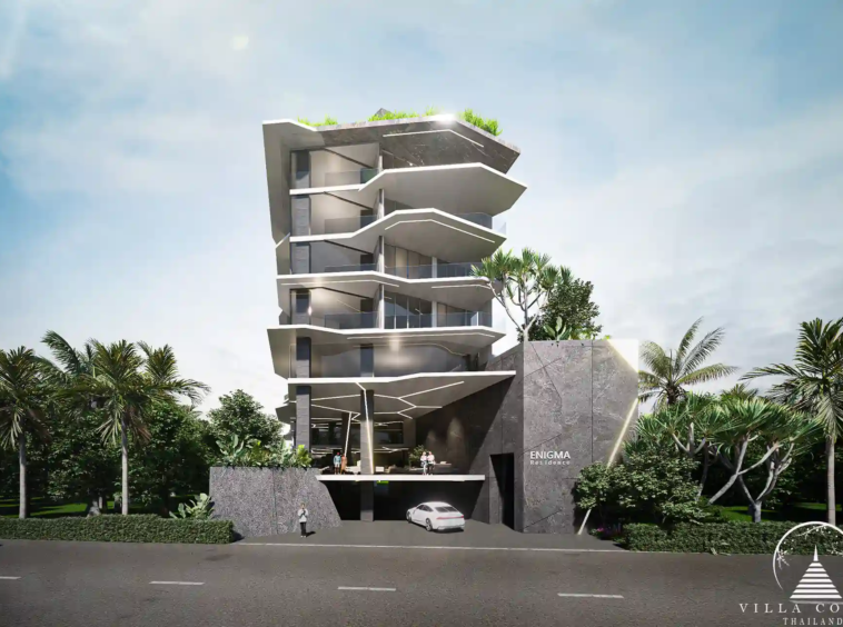 Exterior view of Enigma Residence, a modern condominium in Rawai, Phuket.